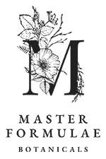 Logo for Master Formulae Botanicals, a natural health and herbal supplement brand. Features a large serif letter M with illustrated botanical elements including herbs, flowers, and stems.