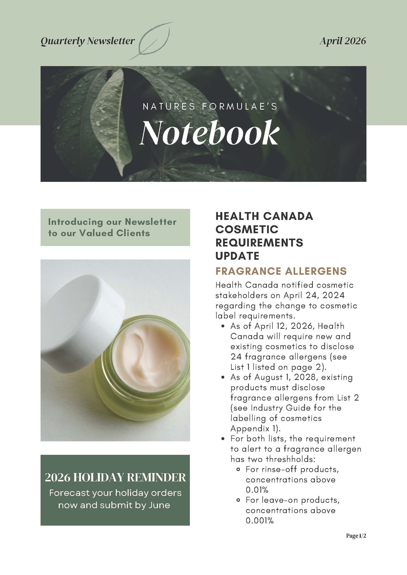 Health Canada Cosmetic Requirements Update - Fragrance Allergens