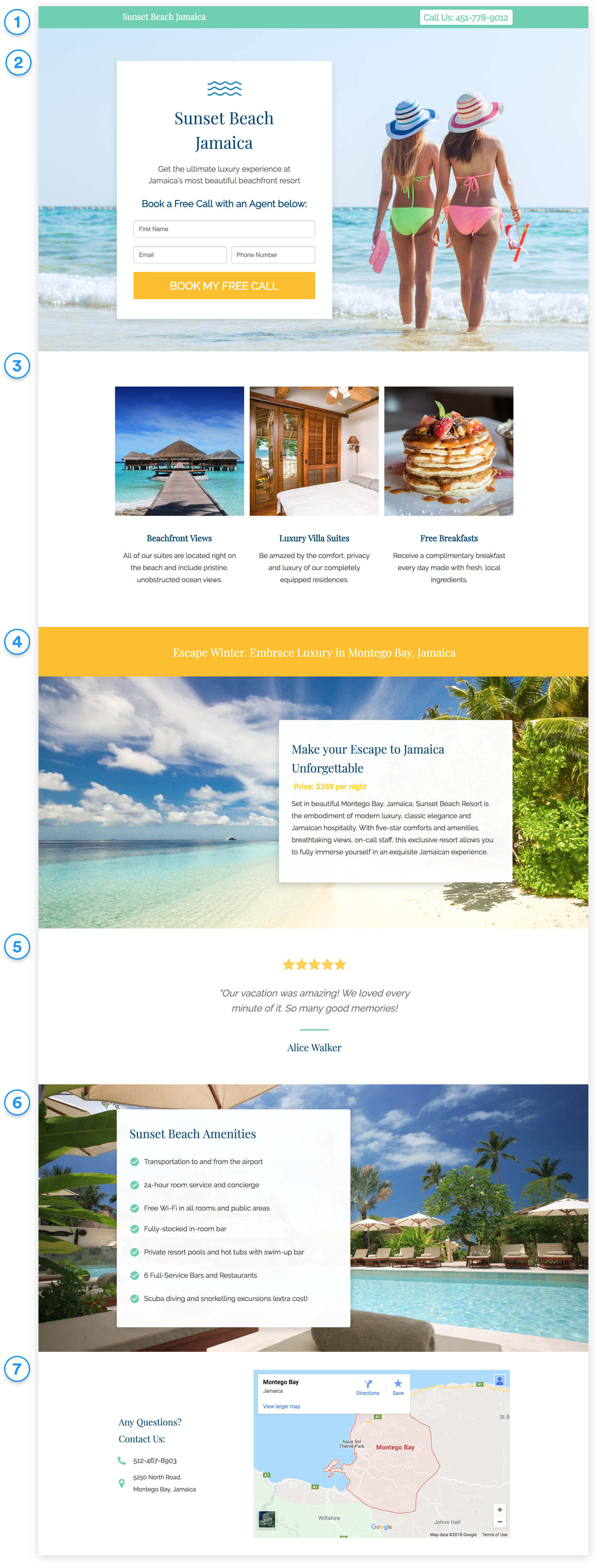 book hotel resort call with agent landing page template