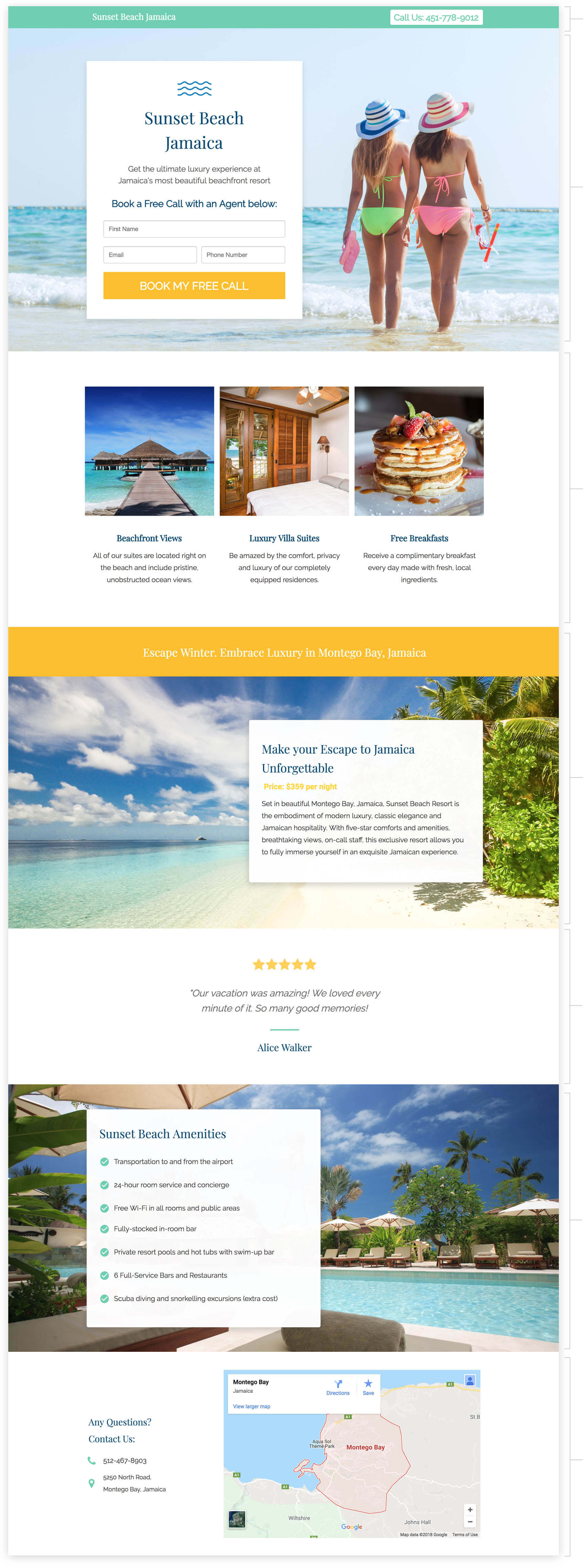 book hotel resort call with agent landing page template
