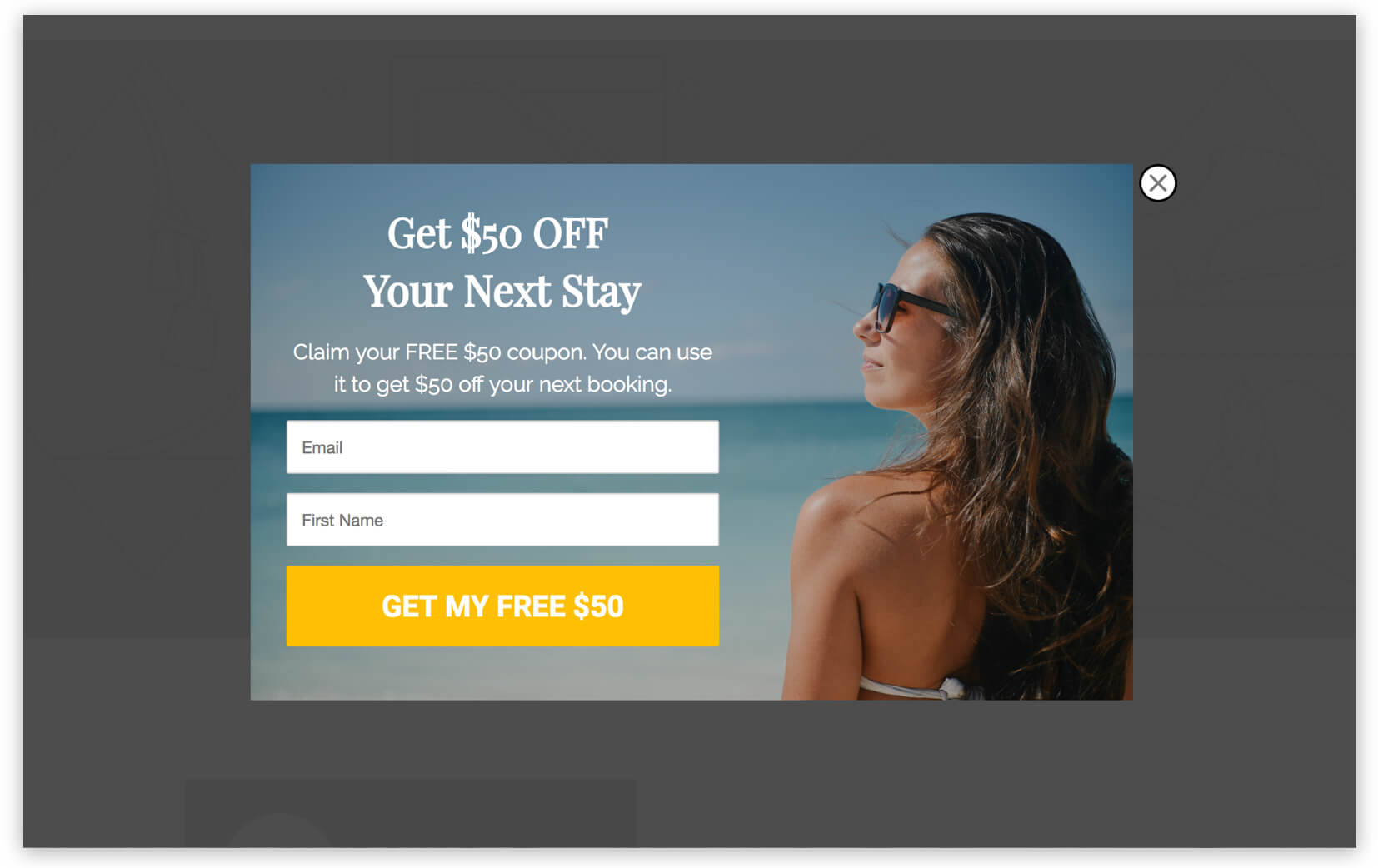 hotel resort discount coupon sign up popup