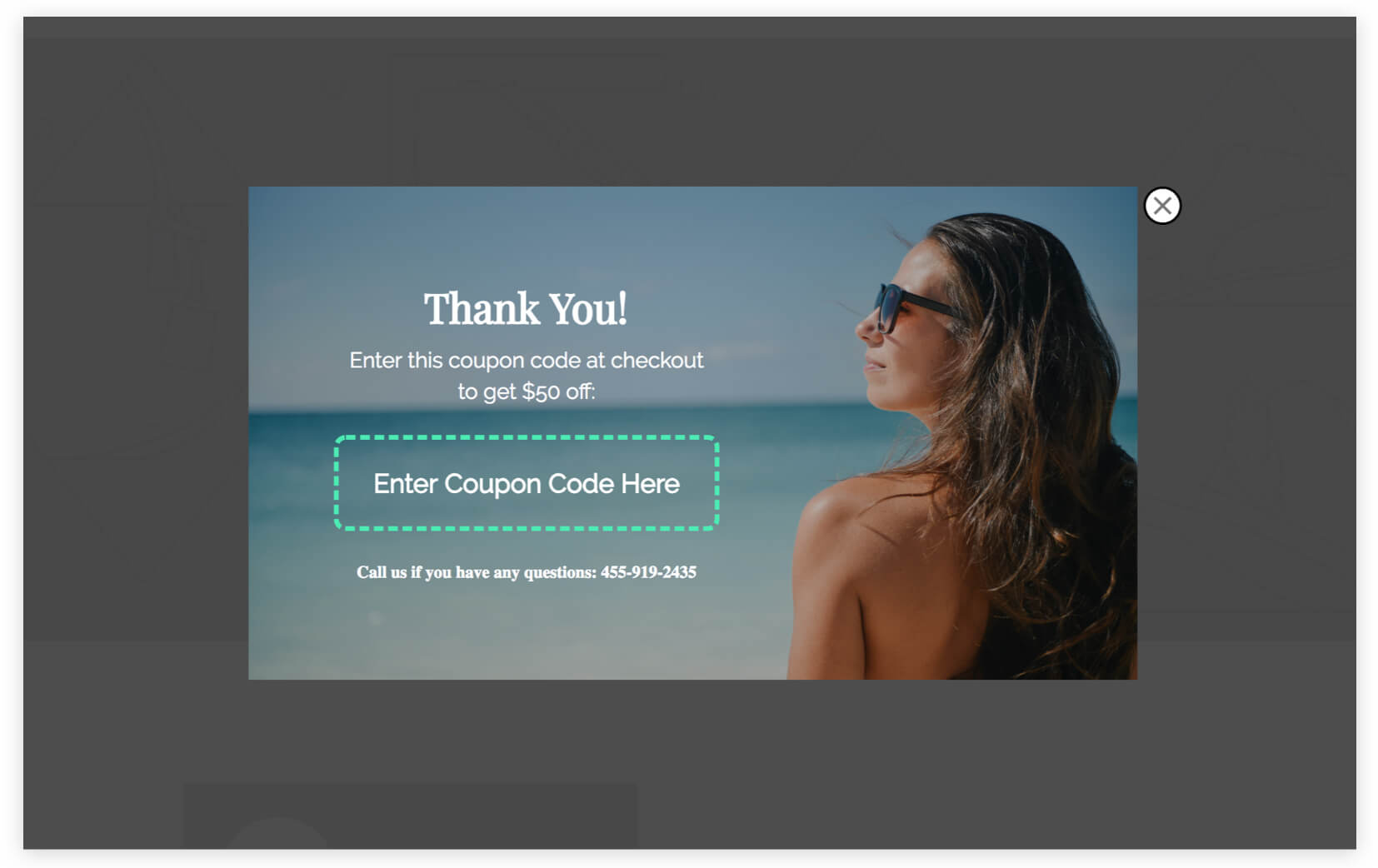 hotel resort discount coupon sign up popup thank you view