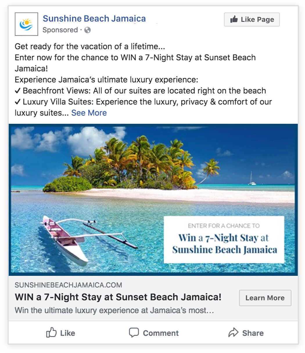 hotel resort giveaway facebook ad