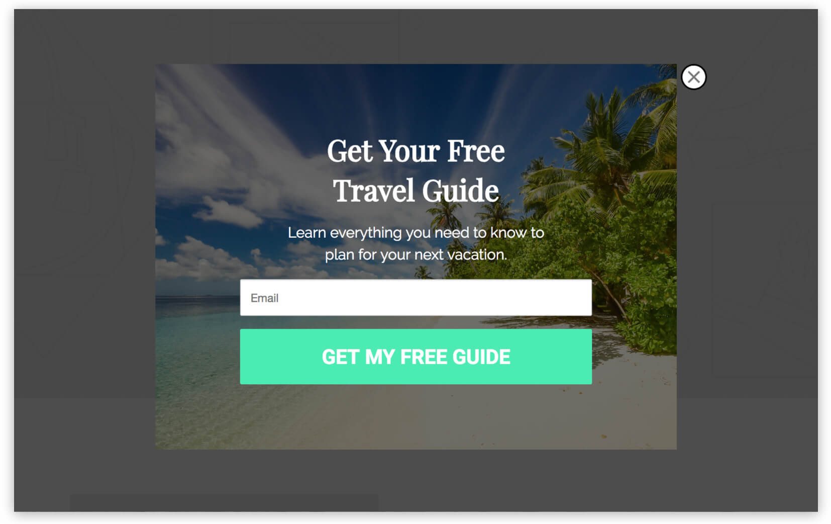 hotel resort free travel guide ebook sign up popup