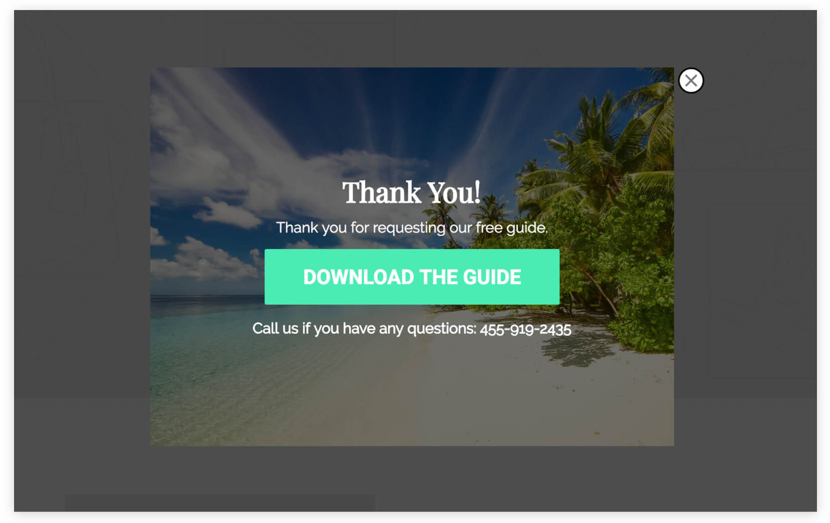 hotel resort free travel guide ebook sign up popup thank you view