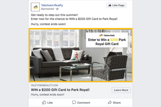 Real Estate Gift Card Giveaway facebook ad