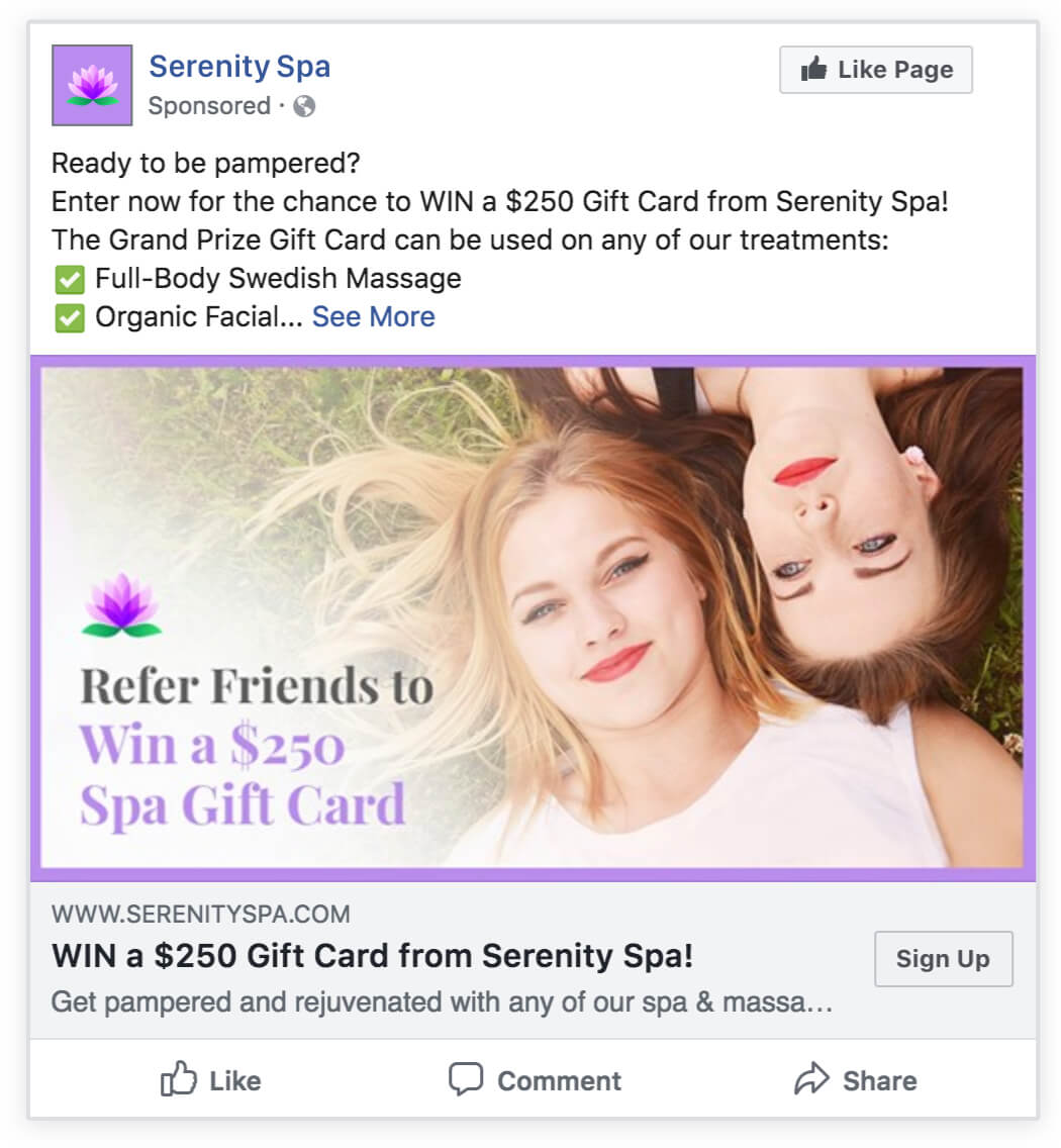 spa refer-a-friend contest facebook ad