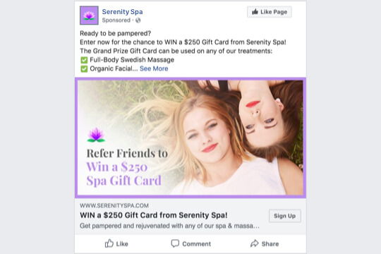 spa refer-a-friend contest facebook ad