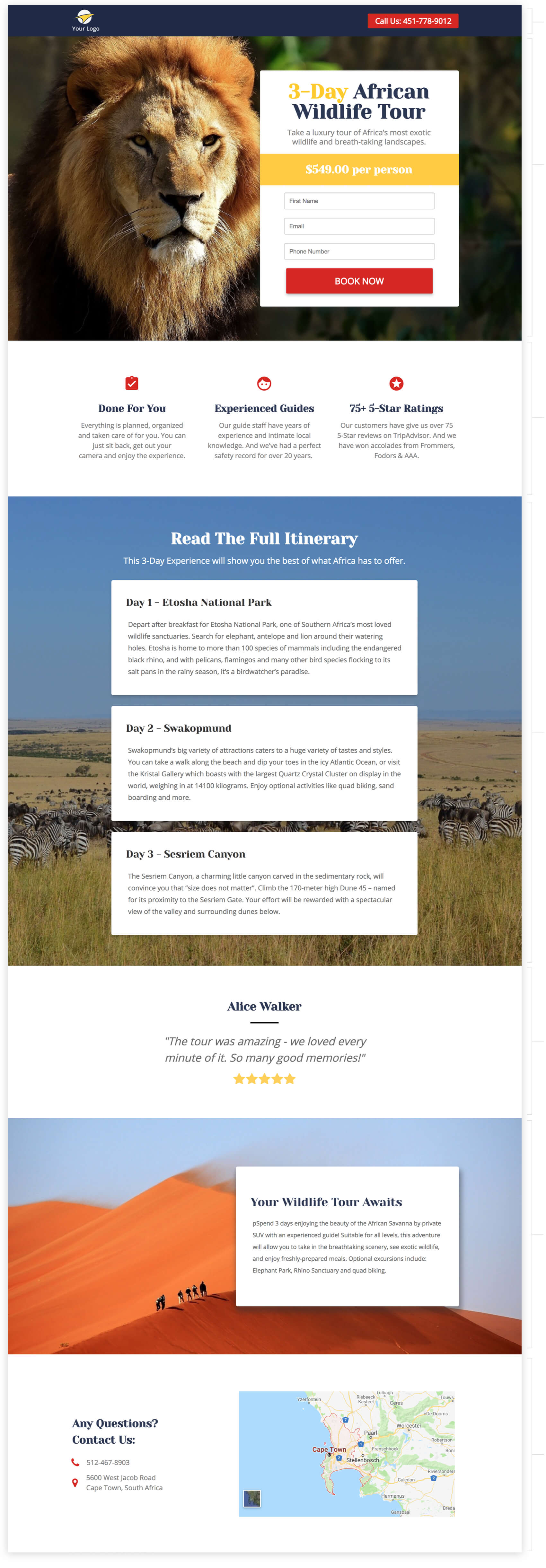 sign up for tour itinerary landing page