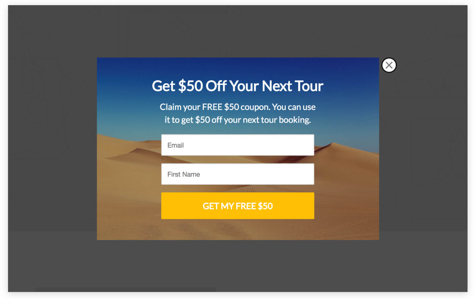 tour discount coupon popup